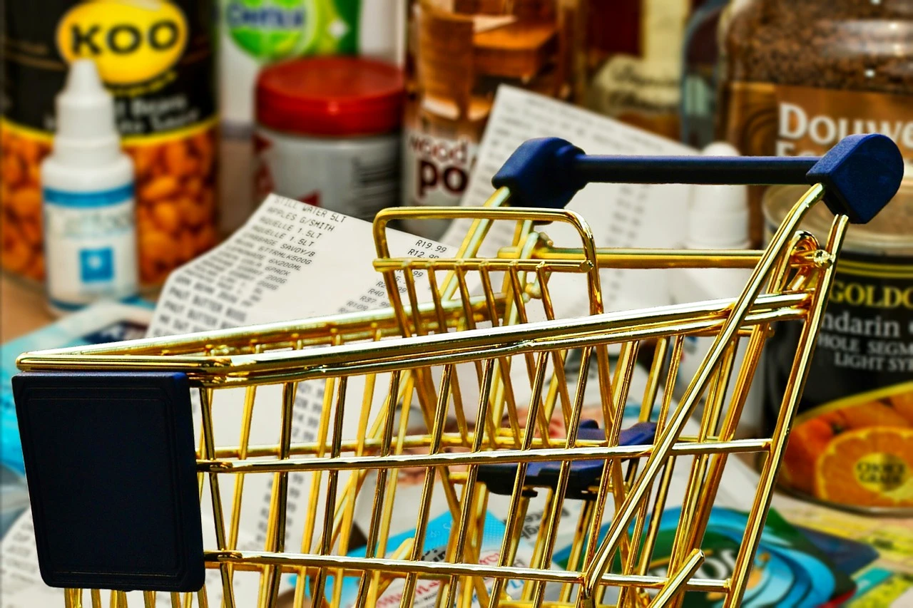 A shopping trolley with some shopping items.